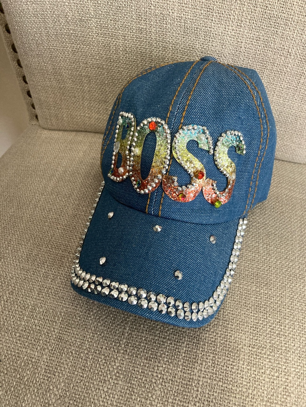 Denim 'BOSS' Rhinestone Baseball Cap - Blue
